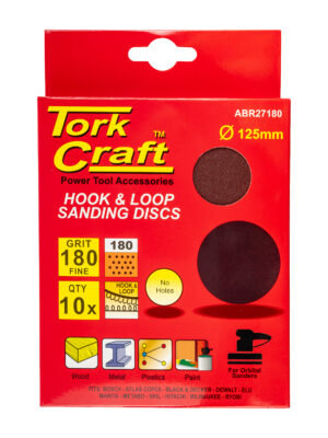 SANDING DISC 125MM NO HOLE 180 GRIT 10/PACK HOOK AND LOOP