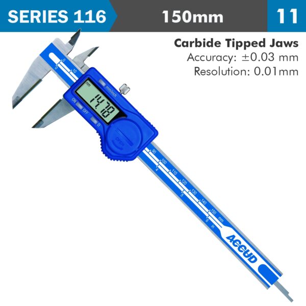 AC116-006-11.jpg DIG. CALIPER 150MM 0.03MM ACC. TCT JAWS S/STEEL 0.01MM RES.