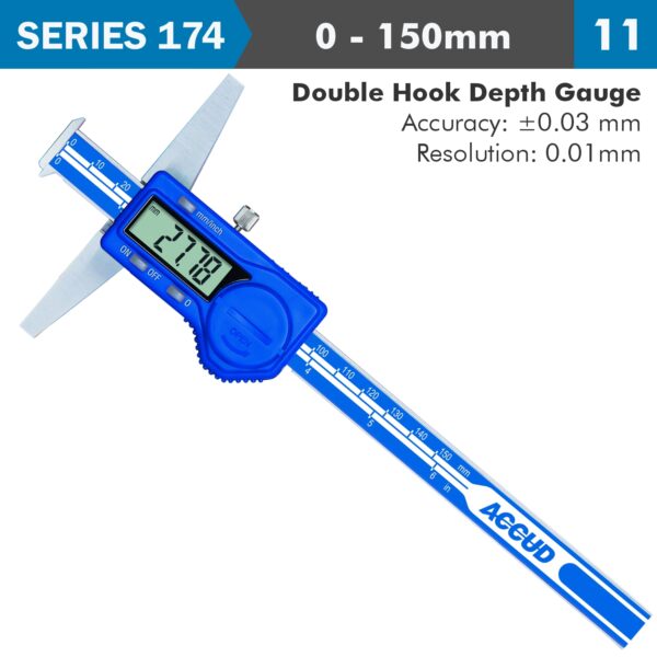 AC174-006-11.jpg DIG. CALIPER 150MM 0.03MM ACC. DOUBLE HOOK DEPTH 0.01MM RES. S/STEEL