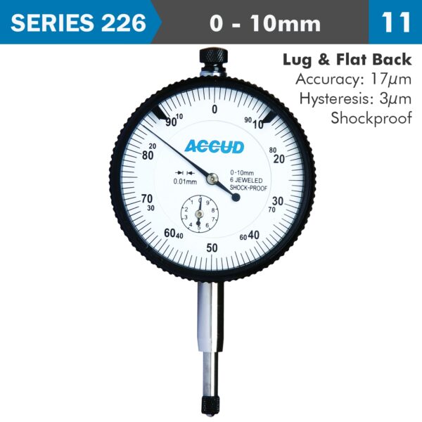AC226-010-11.jpg DIAL INDICATOR 10MM SHOCKPROOF 0.01MM GRAD. LUG&FLAT BACK