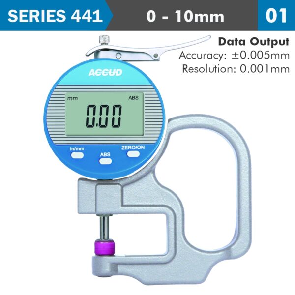 AC441-010-01.jpg DIG. THICKNESS GAUGE 10MM 0.005MM ACC. 0.001MM RES. CERAMIC ANVIL