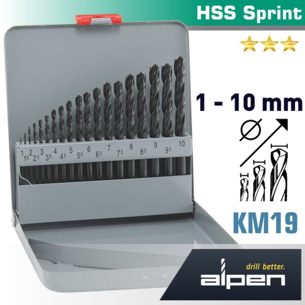 ALP20KM19.jpg HSS SPRINT DRILL BIT SET 19 PIECE 1-10 X 0.5MM IN METAL CASE