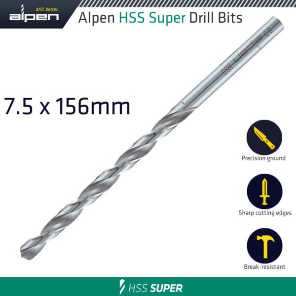 ALP551075.jpg HSS DRILL BIT LONG 7.5 X 156MM BULK