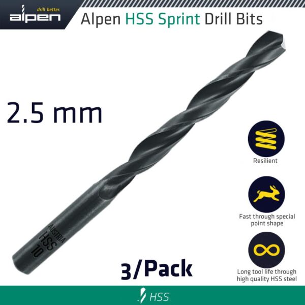 ALP614025.jpg HSS SPRINT DRILL BIT 2.5MM 3/PACK
