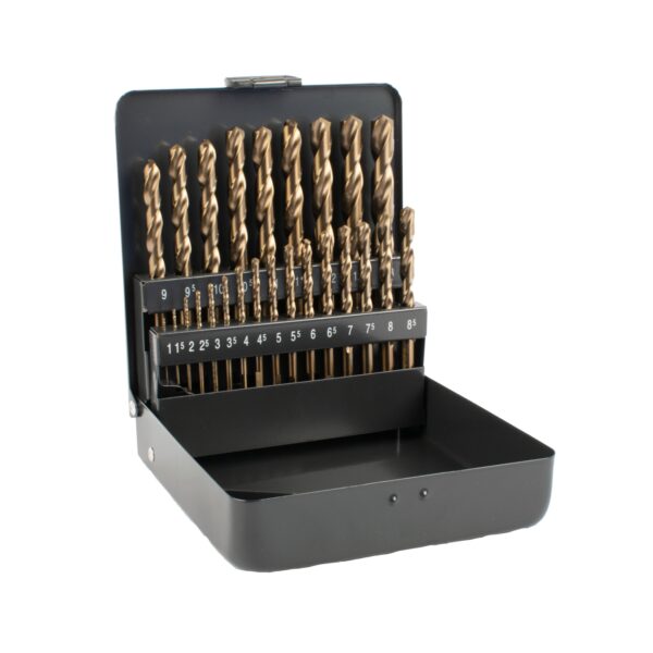 HSS COBALT DRILL BIT SET 25 PIECE 1-13MM X 0.5 3- SIDED IN METAL CASE