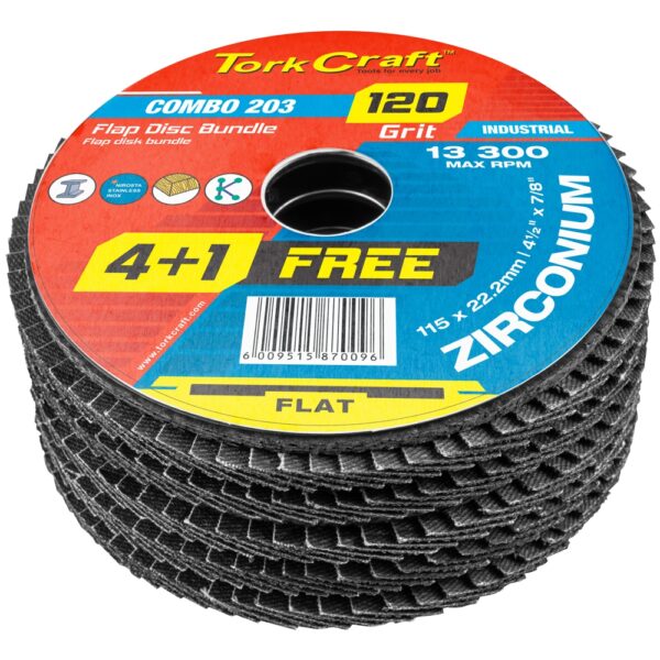 COMBO20203.jpg FLAP DISC ZIRCONIUM 115MM 120 GRIT FLAT 4+1 FREE