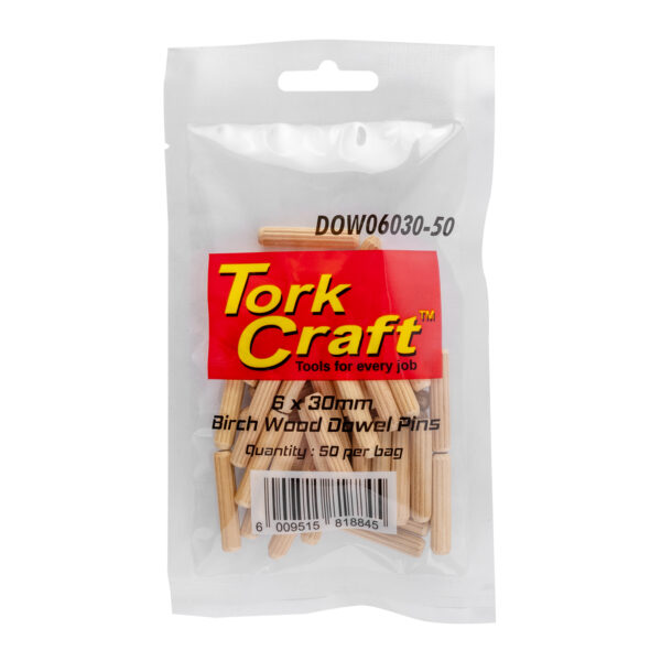 DOW06030-50.jpg DOWELS 6 X 30MM 50 PER BAG (BIRCH WOOD)