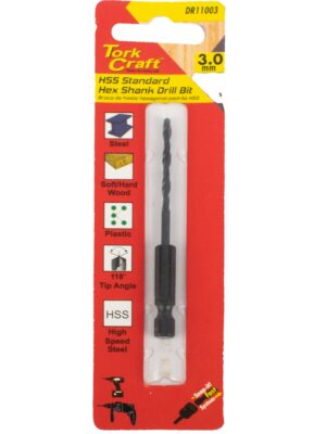 DRILL BIT HSS STANDARD 3.0MM HEX SHANK 1/CARD