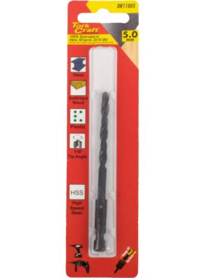 DRILL BIT HSS STANDARD 5.0MM HEX SHANK 1/CARD