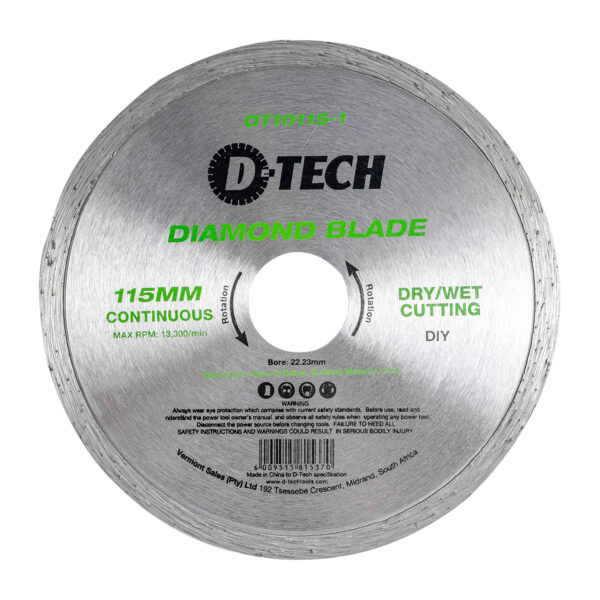 DT10115-1.jpg DIAMOND BLADE CONTINUOUS RIM 115X22.23MM CERAMIC/MARBLE