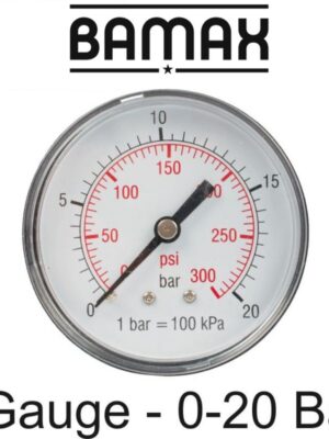PRESSURE GAUGE 0-20BAR1/4REAR 63MM D6314R20 PACKAGED