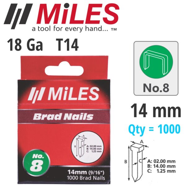 MILSTAP8-14.jpg GALV BRAD NAIL T14 18G 14MM X 1000PCS MILES NO8