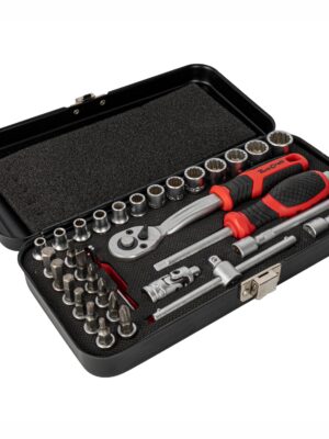SOCKET & RATCHET SET 34PC 1/4' DR CRV 4-14MM 12 POINT METAL CASE