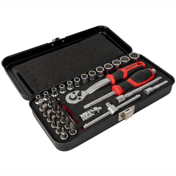 TC75035.jpg SOCKET & RATCHET SET 34PC 1/4' DR CRV 4-14MM 12 POINT METAL CASE