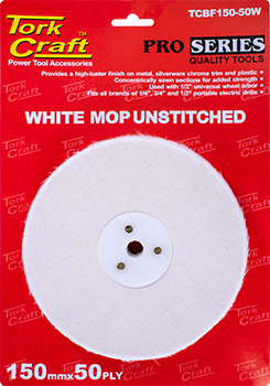 TCBF150-50W.jpg WHITE BUFF/MOP UNSTITCHED 150 X 50PLY X 1/2' HOLE