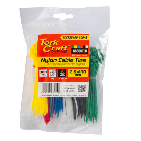 TCCT25100-300AS.jpg NYLON CABLE TIES 2.5MM x 100MM 300PC ASSORTED COLOURS