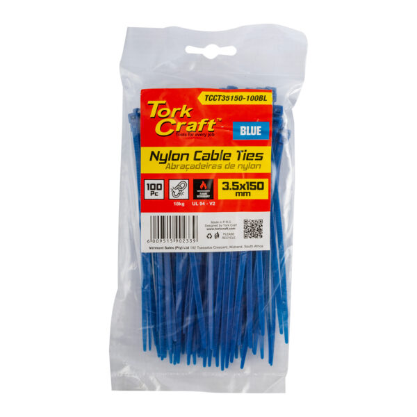 TCCT35150-100BL.jpg NYLON CABLE TIES 3.5MM x 150MM BLUE 100PC