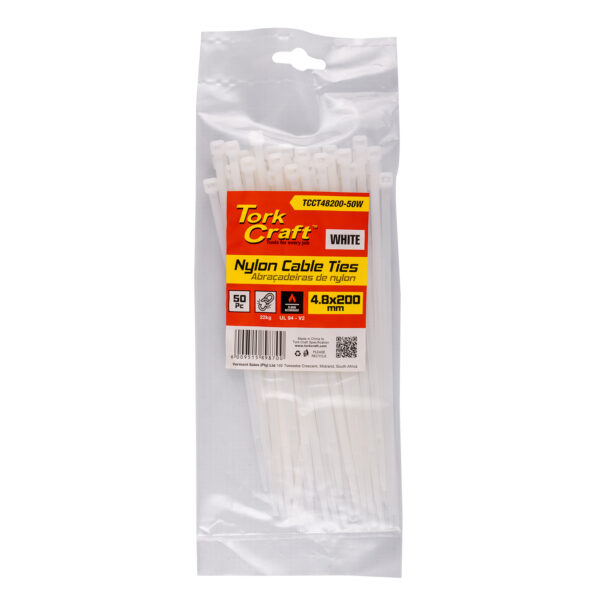 TCCT48200-50W.jpg NYLON CABLE TIES 4.8MM X 200MM WHITE 50PC