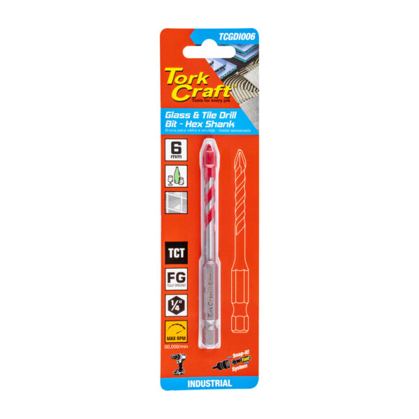 TCGDI006.jpg GLASS & TILE DRILL 6MM HEX SHANK INDUSTRIAL
