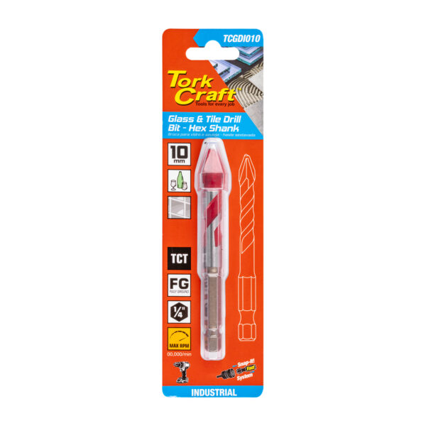 TCGDI010.jpg GLASS & TILE DRILL 10MM HEX SHANK INDUSTRIAL