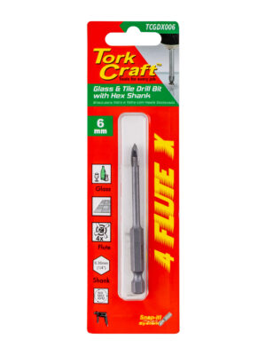 GLASS & TILE DRILL 6MM 4 FLUTE WITH HEX SHANK