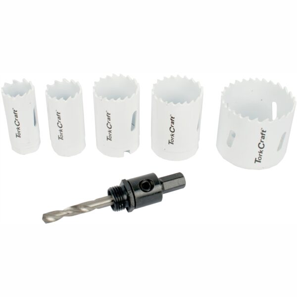 TCHSK006.jpg HOLE SAW SET 6PCE BI-METAL (22/25/32/35/51MM & 3/8 HEX MANDREL)