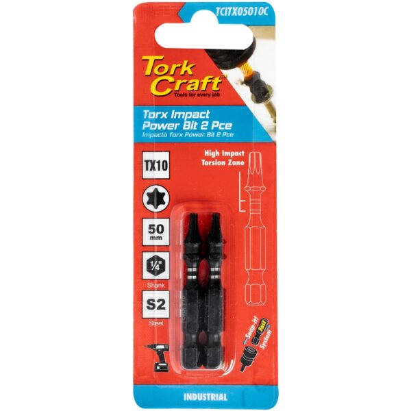 TCITX05010C.jpg TORX TX 10 IMPACT POWER BIT 50MM 2PC CARDED