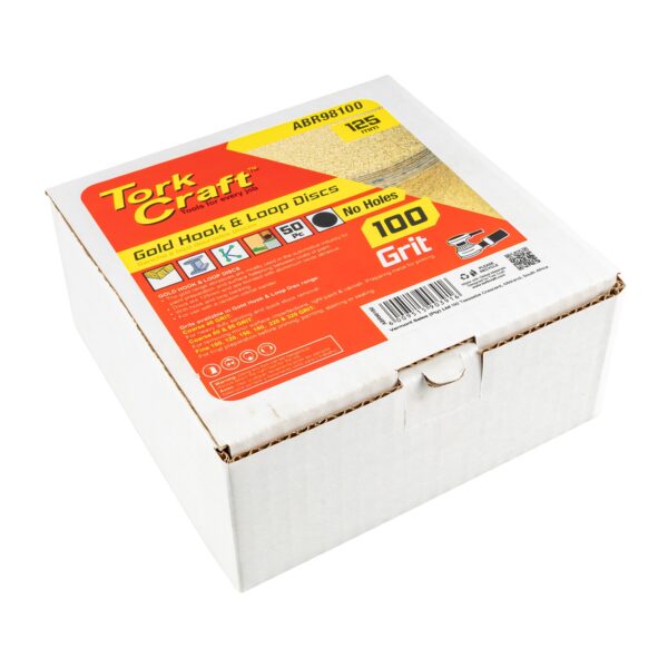 ABR98100.jpg GOLD DISC (50 PIECES) 100 GRIT 125MM WITHOUT HOLE HOOK AND LOOP