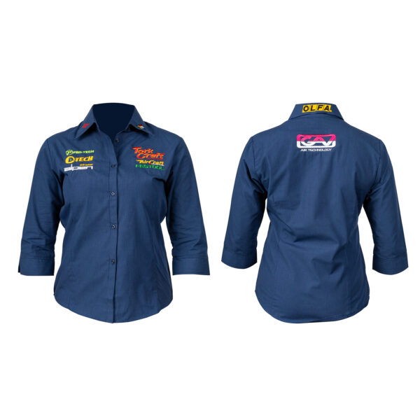LADIES NAVY 3/4 MICRO CHECK BLOUSE 2X-LARGE