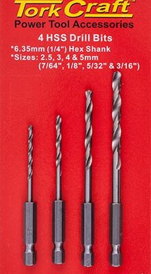 HEX SHANK DRILL BIT 4 PCE SET 2.5MM 3MM 4MM 5MM