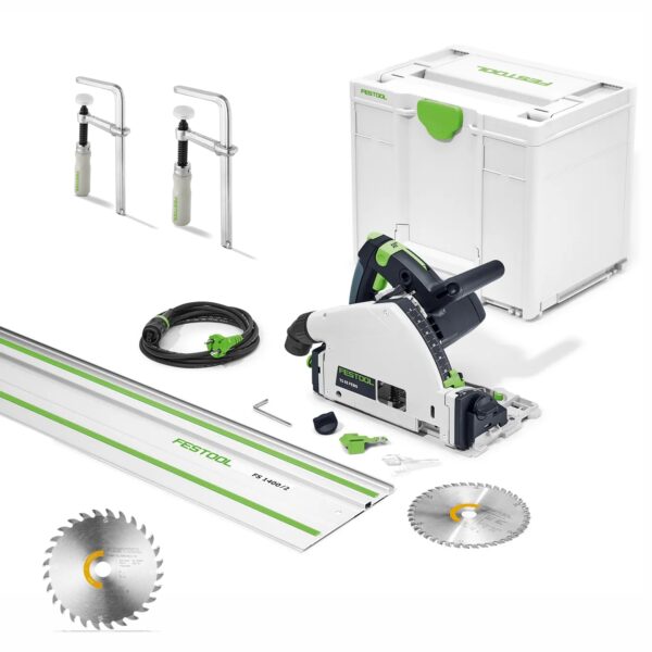 FESTKIT203.jpg Festool TS 55 FEBQ-Plus-FS 1200W Plunge-Cut Saw Kit with Guide Rail, Clamps & Extra Blade