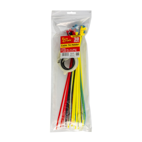 TCCTH003.jpg Tork Craft TCCTH003 Cable Tie Holder 38mm & Carabiner Clip Lumin Material With 50pc Assorted Cable Ties 4.8 x 300mm